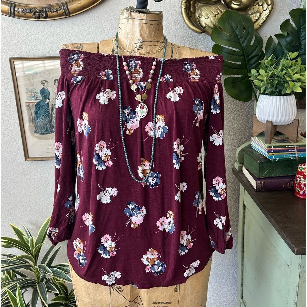 Old Navy Maroon Pink Blue Floral Off Shoulder 3/4 Sleeve Blouse Sz S Fall
